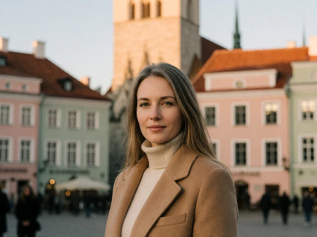 Baltic woman in a camel coat in Tallinn old town square, representing Baltic dating categories