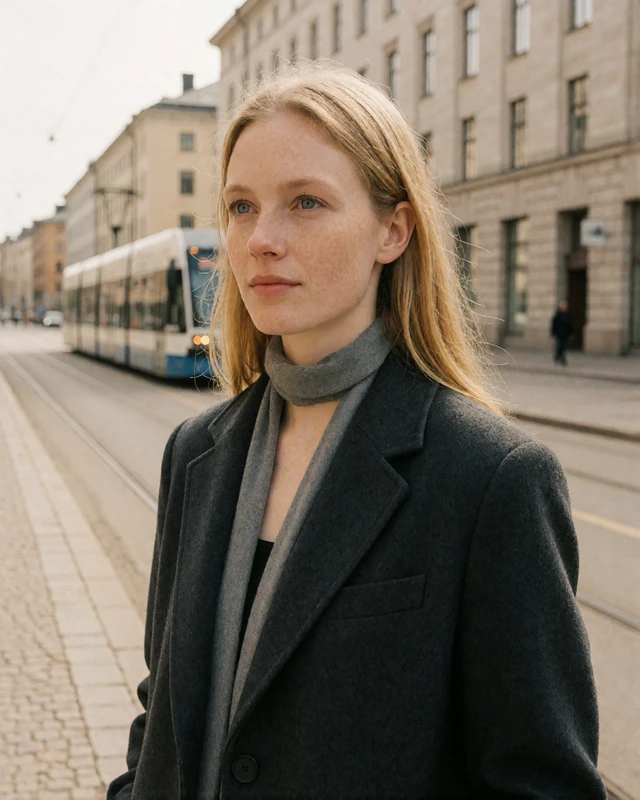 Finnish woman in a charcoal wool coat on a Helsinki design district street, representing verified members in the capital region