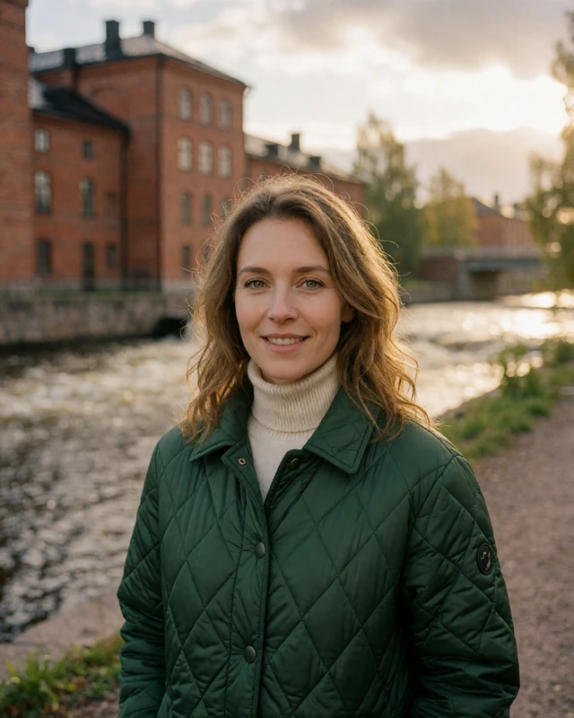 Finnish woman in a green jacket beside the Tampere rapids and red brick mills, representing verified members in Pirkanmaa