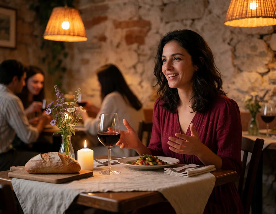 Italian woman in a burgundy dress dining by candlelight at a rustic trattoria, illustrating Italian courtship rituals over a long dinner
