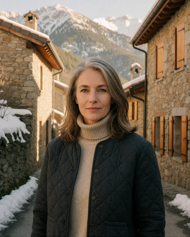 Andorran woman in a charcoal jacket in a stone alpine village lane in La Massana, representing verified members in the mountain parishes