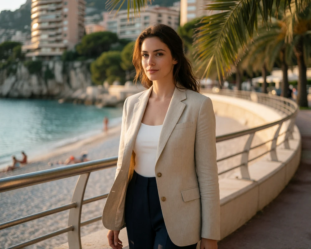 Elegant woman in a sand linen blazer walking the Larvotto public waterfront promenade in Monaco, representing verified Monaco dating members