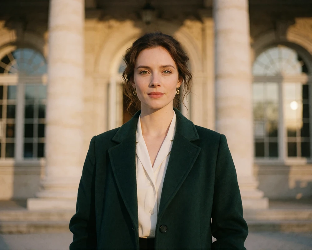 Elegant Austrian woman in a green wool coat standing outside a classical concert hall in Salzburg, representing verified Austrian dating members