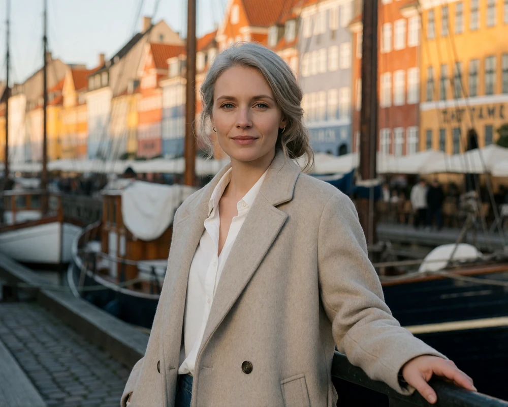 Danish woman in an oatmeal wool coat on the Copenhagen harbor front, representing verified members on this Danish dating site