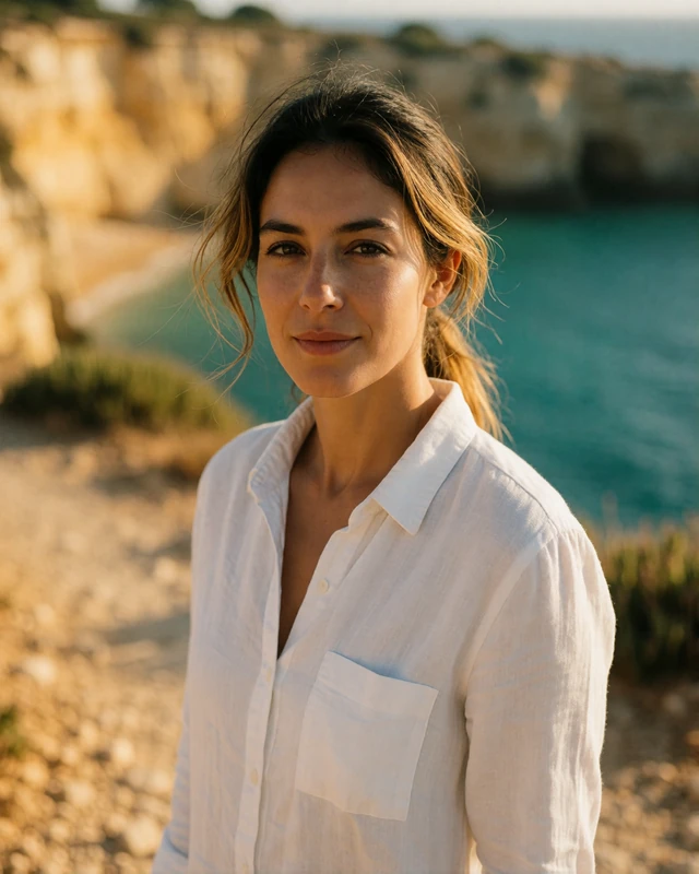 Portuguese woman in a white linen shirt on a golden limestone clifftop path above an Algarve cove, representing verified members in southern Portugal