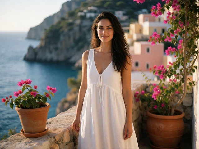 Woman on a Mediterranean balcony above a coastal bay, representing Southern European dating categories