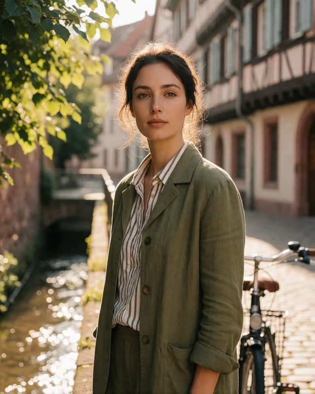 German woman in an olive linen jacket on a sunlit medieval street in Freiburg, representing verified members in southwest Germany