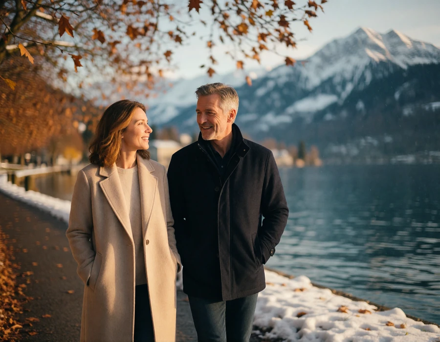 Mature couple walking a quiet lakeside path below the Swiss Alps, illustrating a Swiss-American relationship journey