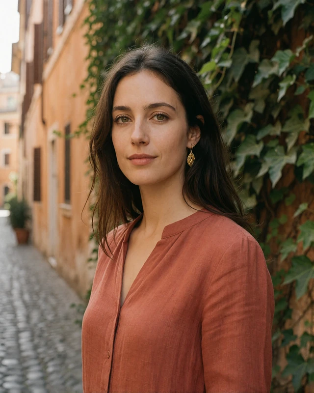 Italian woman in a terracotta blouse on a cobblestone street in Trastevere, representing verified members in central Rome