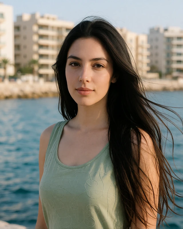 Maltese woman in a sage green top on the Sliema seafront promenade, representing verified members in Malta's coastal business district