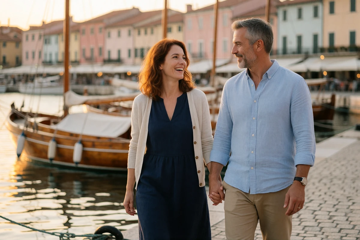 Couple in their forties holding hands while walking along a sunlit European harbor promenade