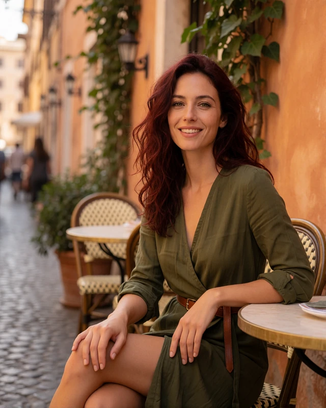 Italian woman in a green wrap dress at an outdoor cafe on a cobbled Rome street, representing verified members in central Italy