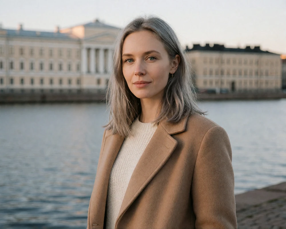 Elegant Finnish woman in a camel coat on the Helsinki waterfront in soft northern daylight, representing verified Finnish dating members