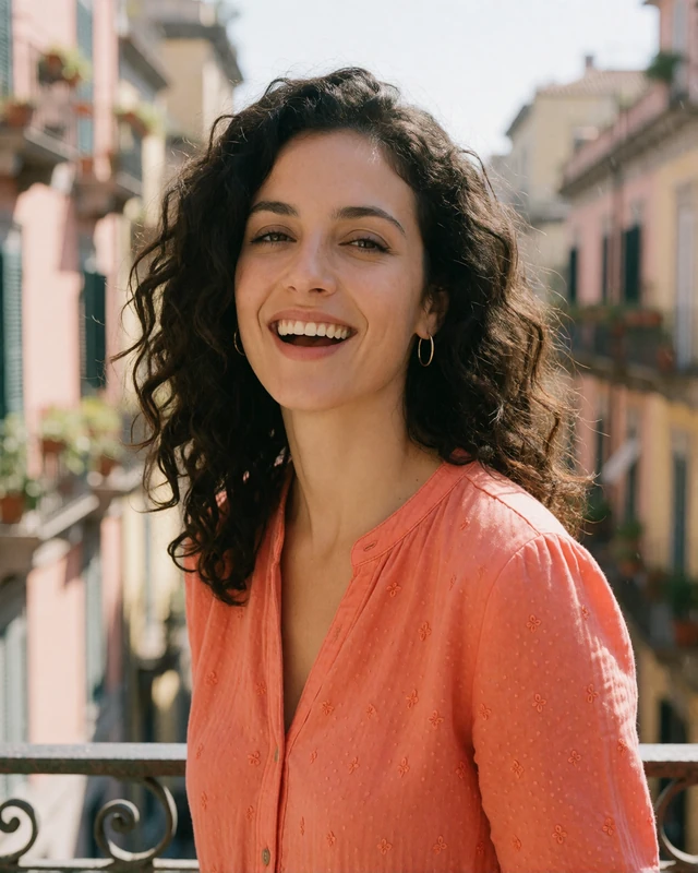 Italian woman in a coral blouse on a Naples balcony overlooking the bay, representing verified members in southern Italy