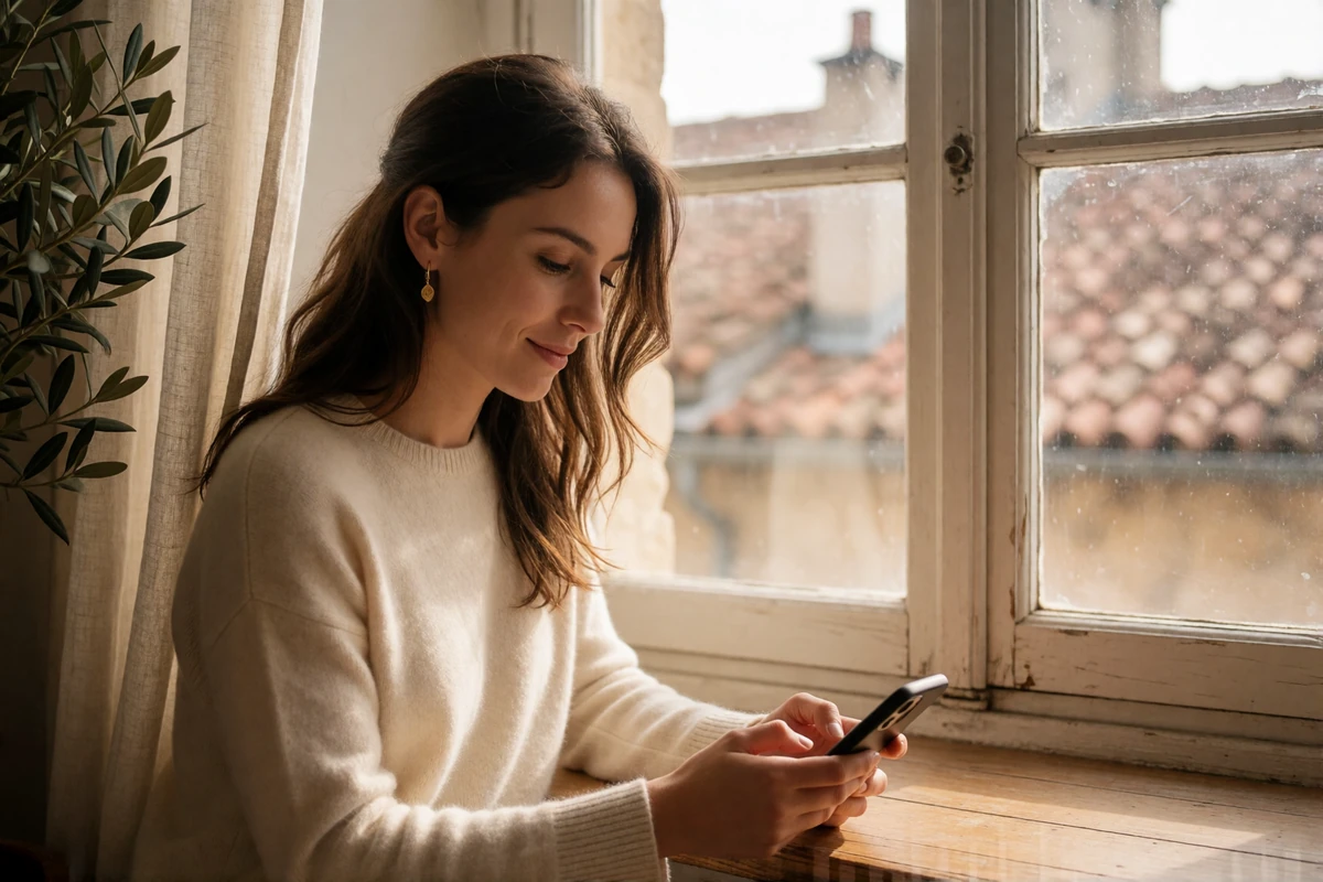 European woman in her thirties writing a message on her phone by a sunlit apartment window