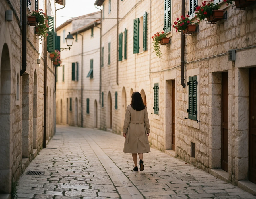 Quiet cobbled stone street in old town San Marino with a woman in a beige coat walking past shuttered limestone houses