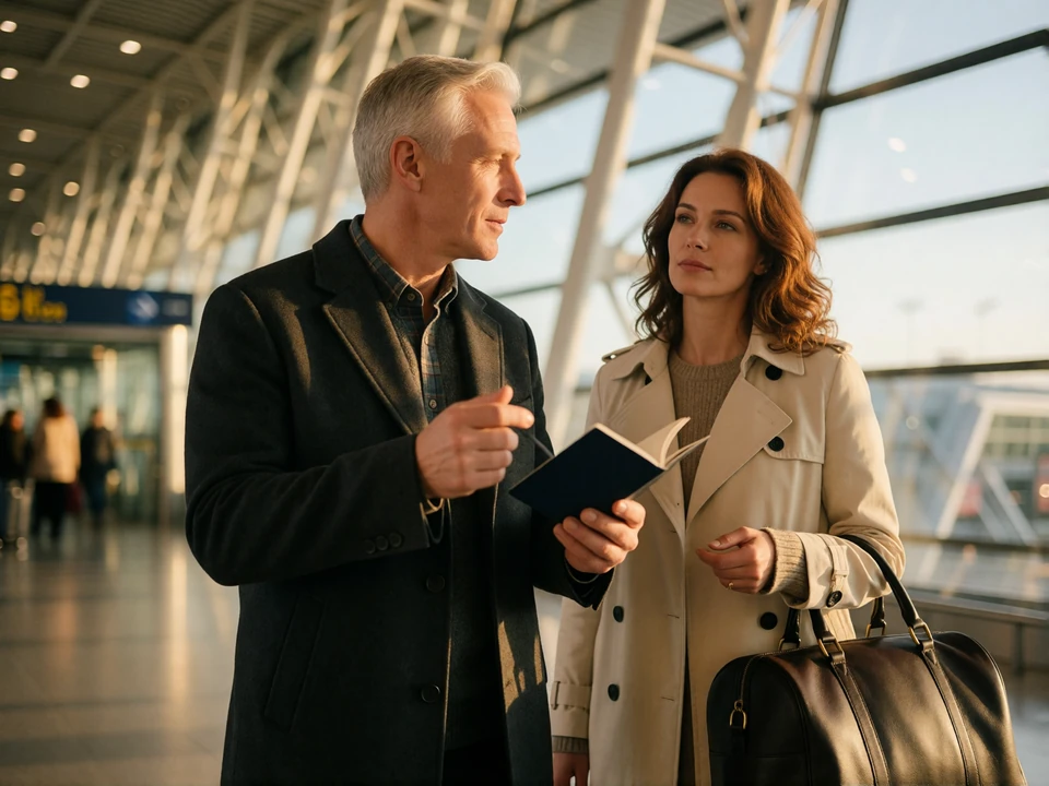 American traveler holding his passport in a European airport departure hall while his partner waits nearby