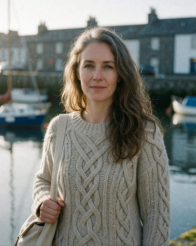 Irish woman in an Aran sweater at the Galway waterfront, representing verified Irish dating members on the west coast