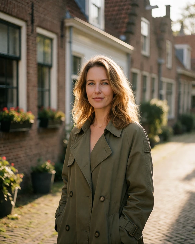 Dutch woman in an olive trench coat on a historic canal lane in Haarlem, representing verified members in North Holland