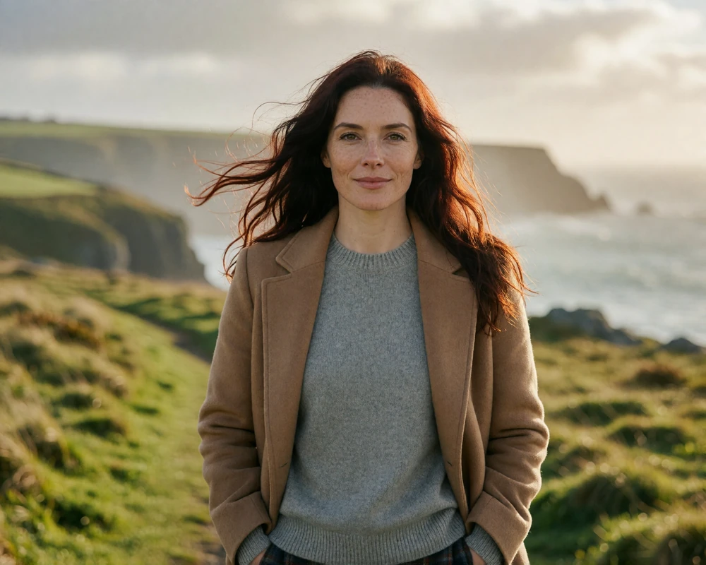 Irish woman in a camel coat walking a windswept Atlantic coastal path in County Clare, representing verified Irish dating members