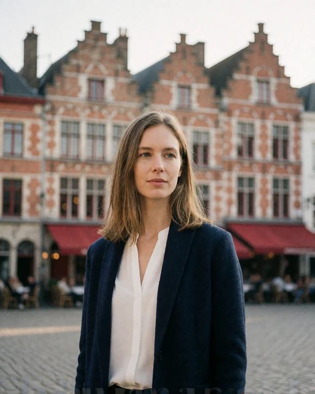 Belgian woman in a navy cardigan on the Oude Markt square in Leuven, representing verified Flemish members