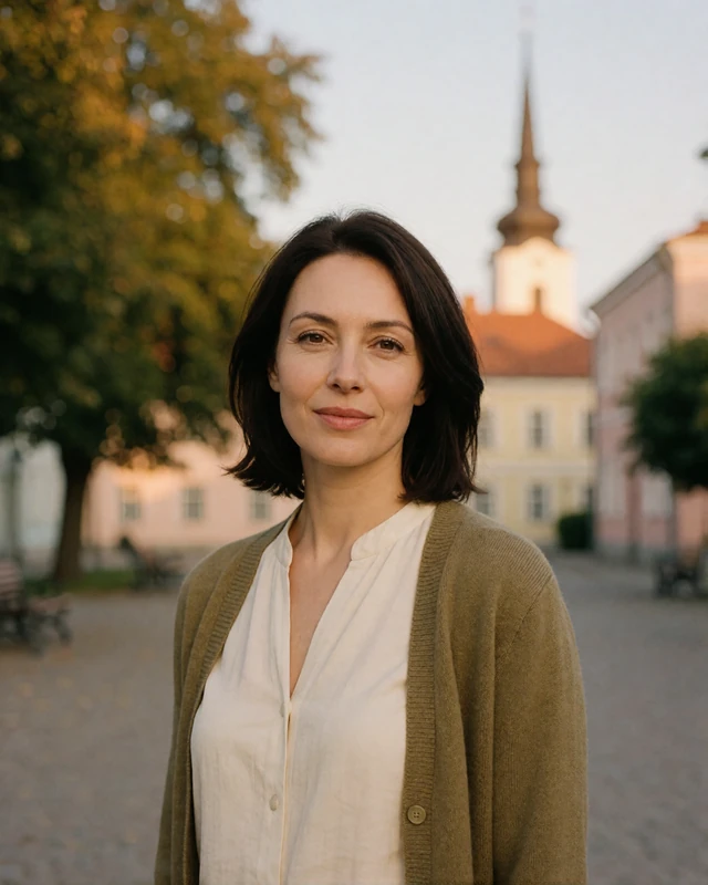 Lithuanian woman in an olive cardigan in a quiet town square in Siauliai, representing verified members in regional Lithuania