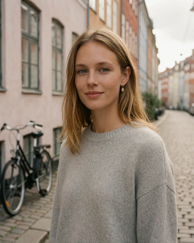 Danish woman in a grey knit sweater on a cobbled Copenhagen street, an example of a verified Danish member profile