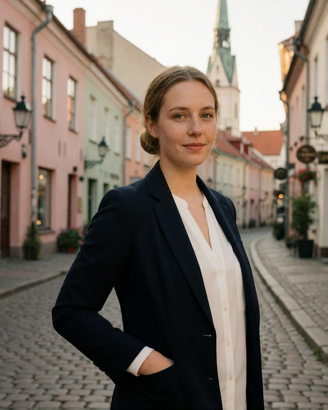 Latvian woman in a navy blazer on a cobbled lane in Riga Old Town, representing verified members in the capital