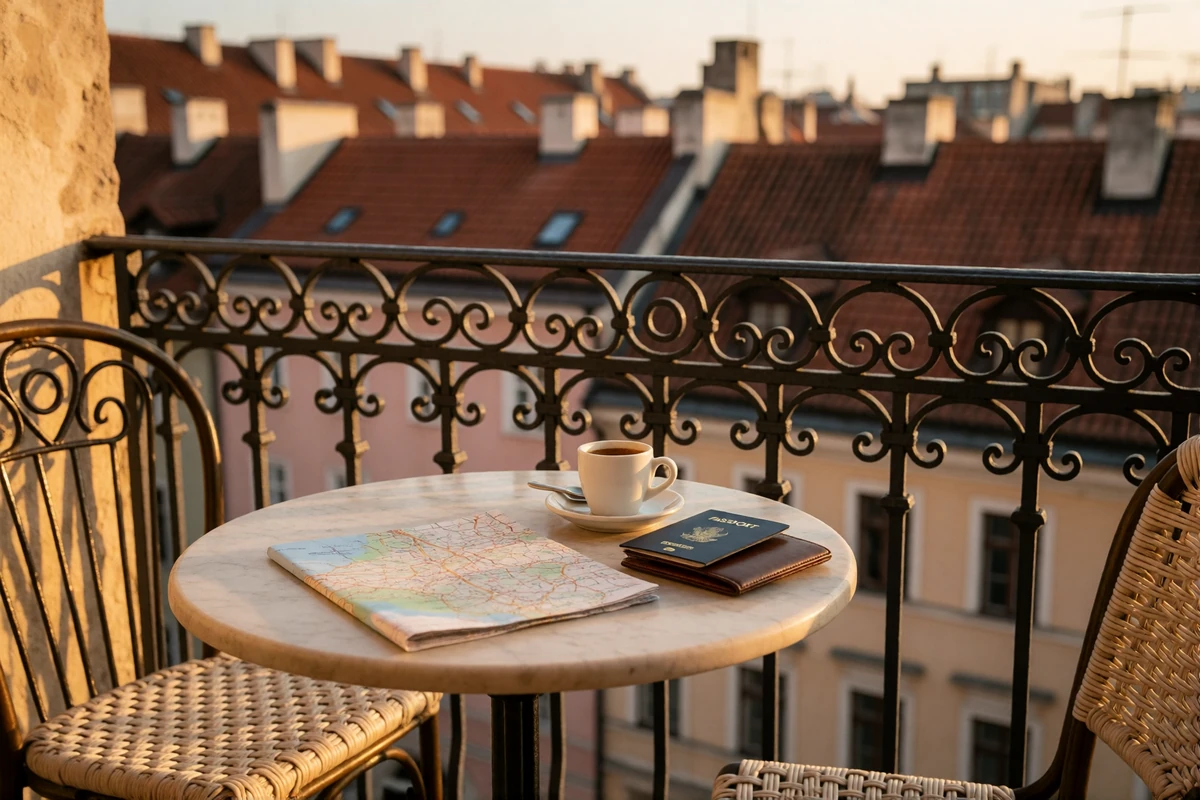 Morning coffee, passport and travel documents on a European hotel balcony overlooking terracotta rooftops