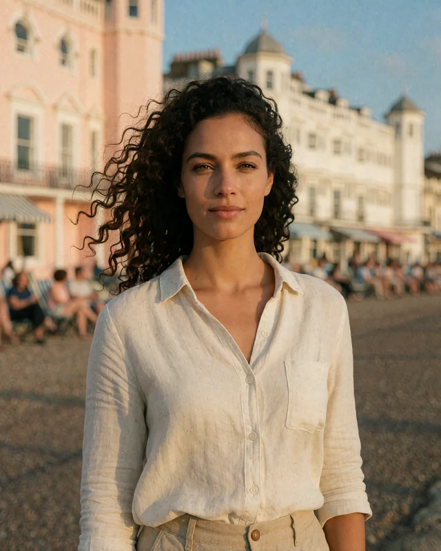 British woman in a cream linen shirt on Brighton seafront, representing verified members on the English south coast