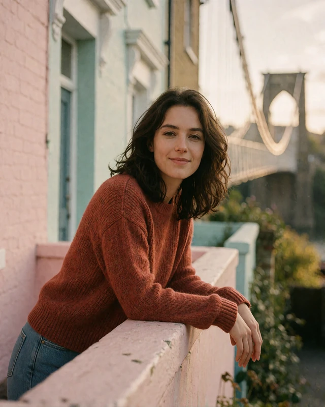 British woman in a rust sweater on a Clifton street in Bristol, representing verified members in southwest England