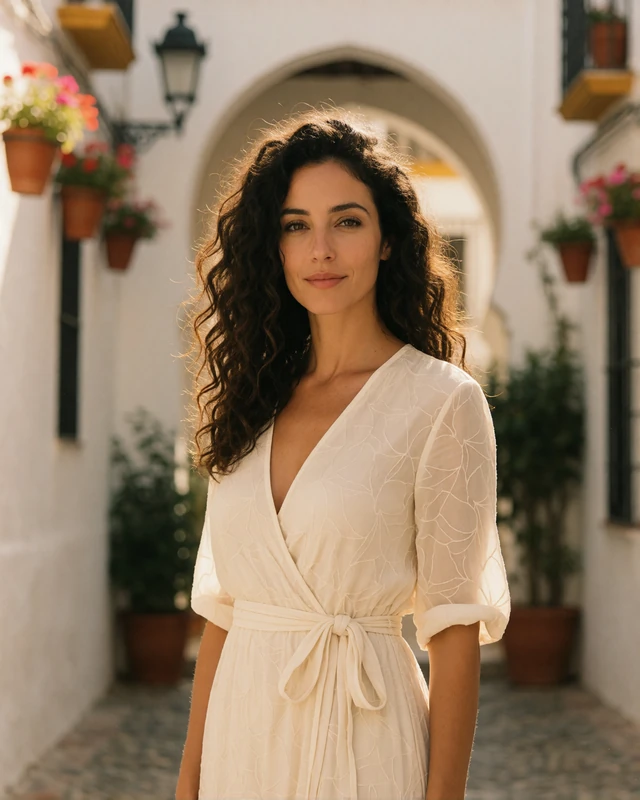 Andalusian woman in an ivory dress in a whitewashed Seville old town street, representing verified members in Andalusia