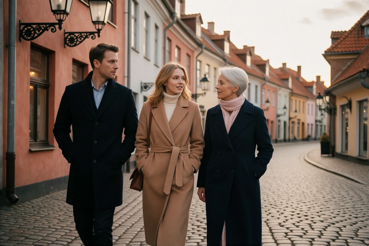 Couple walking with an older female relative through a cobblestone Baltic old town street on an autumn afternoon