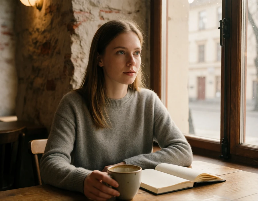 Estonian woman with coffee and a notebook by a window in a quiet Tallinn cafe, illustrating the calm rhythm of Estonian dating culture