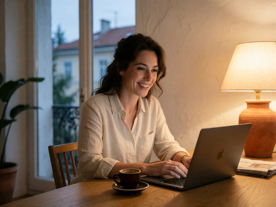 European woman on an early evening video call with her partner at her kitchen table, coffee beside her laptop