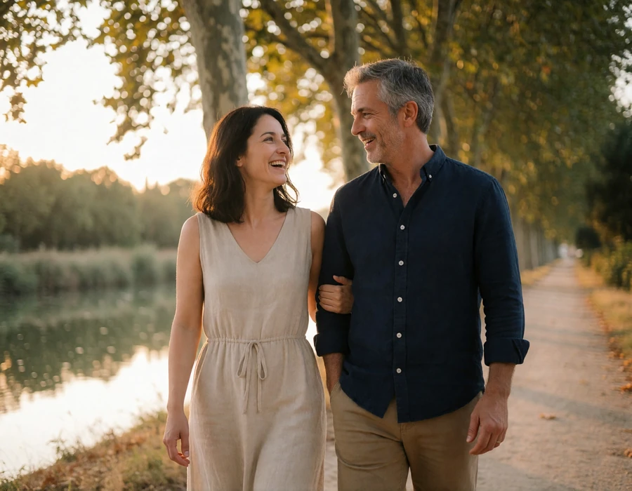 Mature couple walking and talking along a tree-lined canal path in southern France, illustrating a French-American relationship journey
