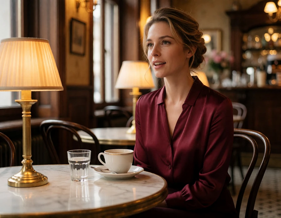 Austrian woman in a burgundy blouse at a marble table inside a traditional Viennese coffeehouse, illustrating Austrian coffeehouse dating culture