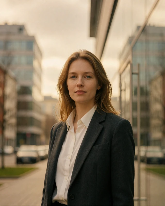 Estonian woman in a charcoal blazer outside a modern office building in Tallinn, representing verified members in the capital