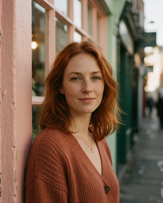 Irish woman in a rust cardigan beside a pastel shopfront in Cork city, representing verified Irish members in Munster