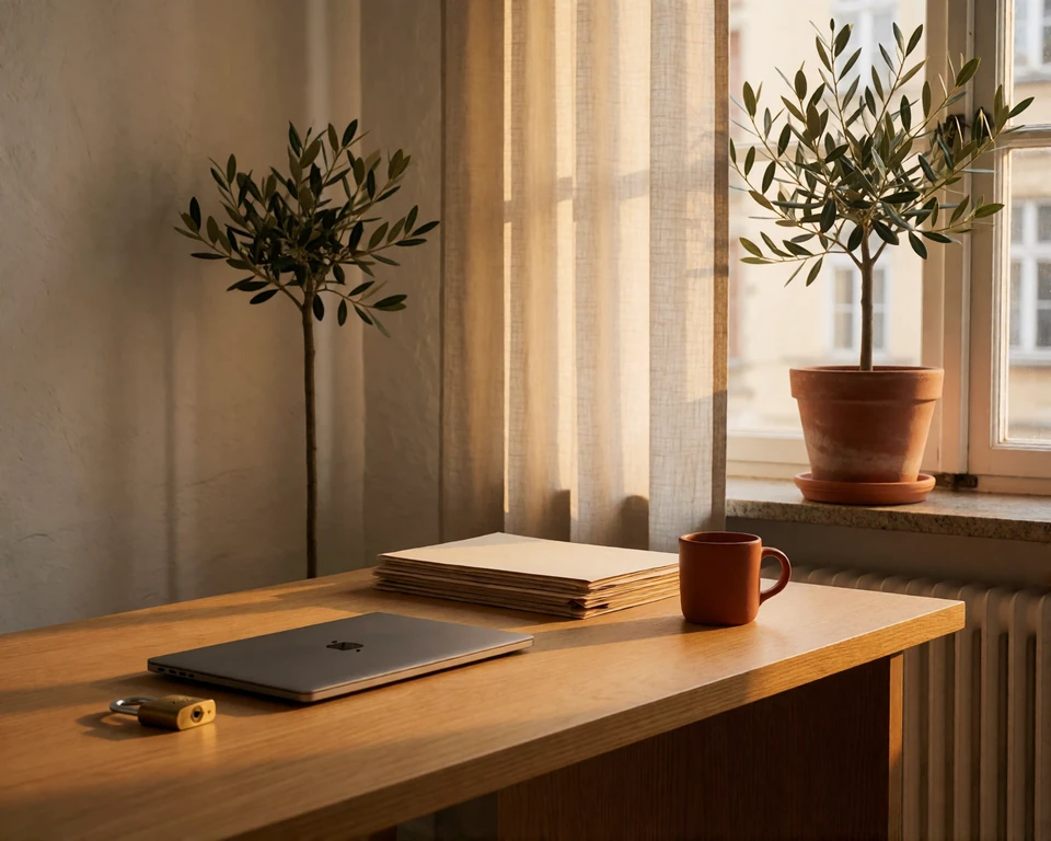 Quiet office desk with a closed laptop, padlock and document folders, representing dating site privacy and data protection at MeetEurope