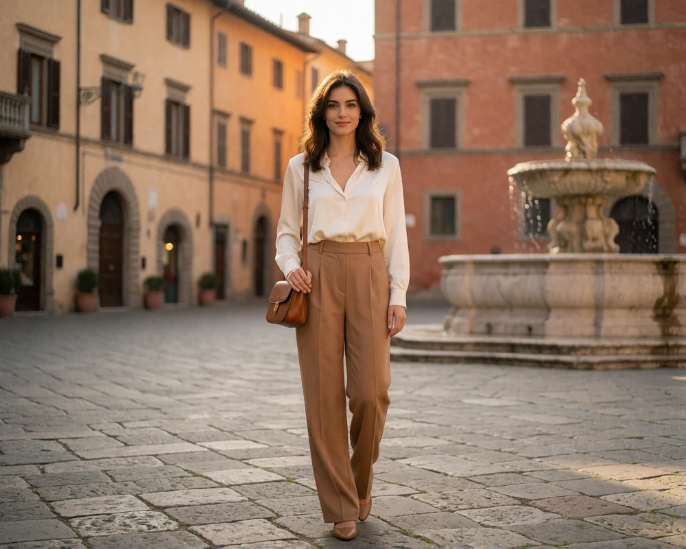 Elegant Italian woman in a cream silk blouse standing in a historic Italian piazza at golden hour, representing verified Italian dating members