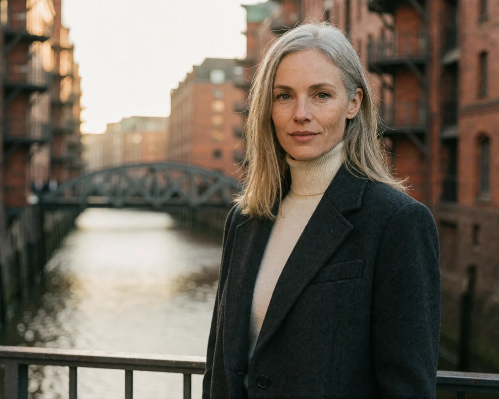 Elegant German woman in a charcoal coat outside a brick cultural venue in Hamburg, representing German dating members