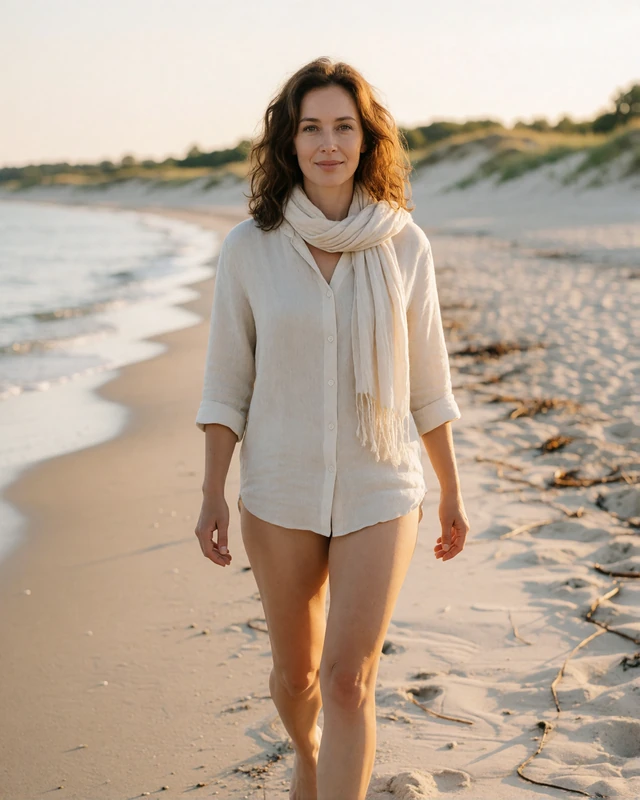 Estonian woman in a cream linen shirt walking on the sandy Baltic beach at Parnu, representing verified members on the Estonian coast