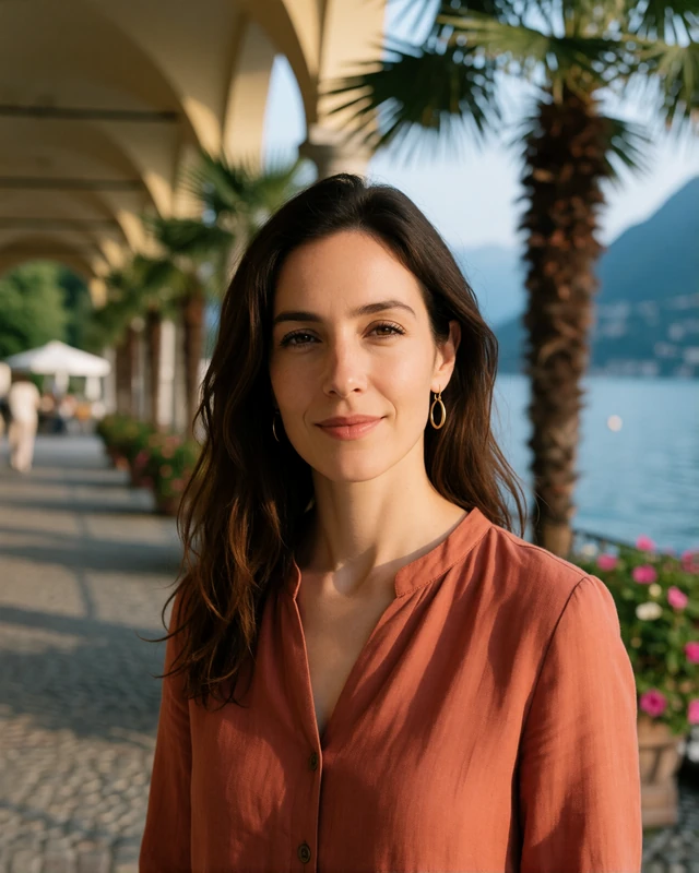 Swiss-Italian woman in a terracotta blouse on the lakeside promenade in Lugano, representing verified Ticino members