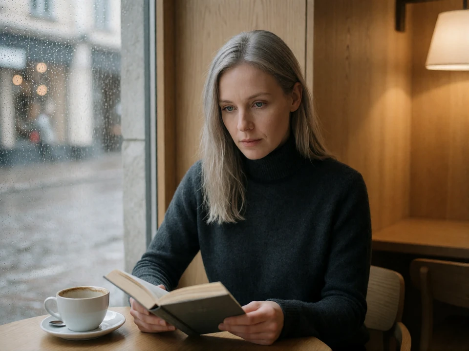 Northern European woman reading a book at a quiet minimalist cafe window on a rainy afternoon