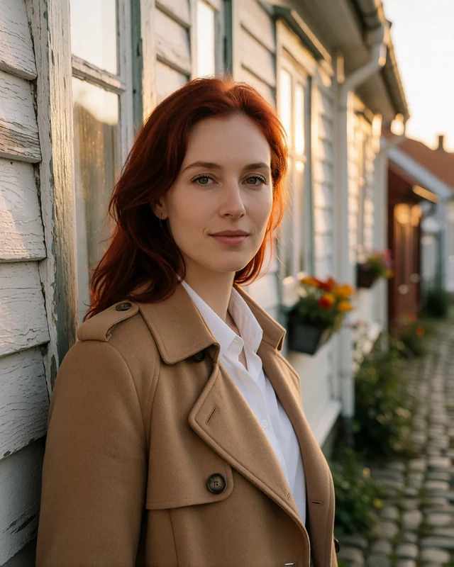 Norwegian woman in a camel trench coat beside the white wooden houses of old Stavanger, representing verified members in Rogaland