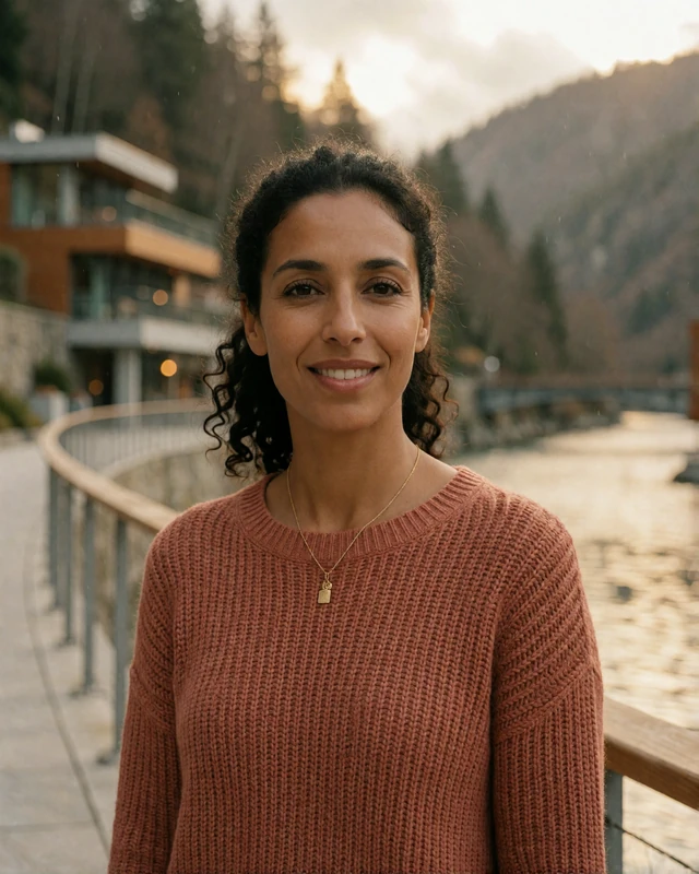 Andorran woman in a terracotta sweater on a riverside promenade in Escaldes-Engordany, representing verified members in the thermal spa parish