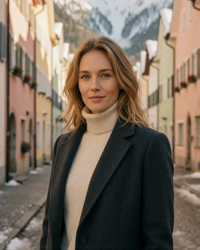 Austrian woman in a cream turtleneck on an Innsbruck street with alpine peaks behind, representing verified members in Tyrol