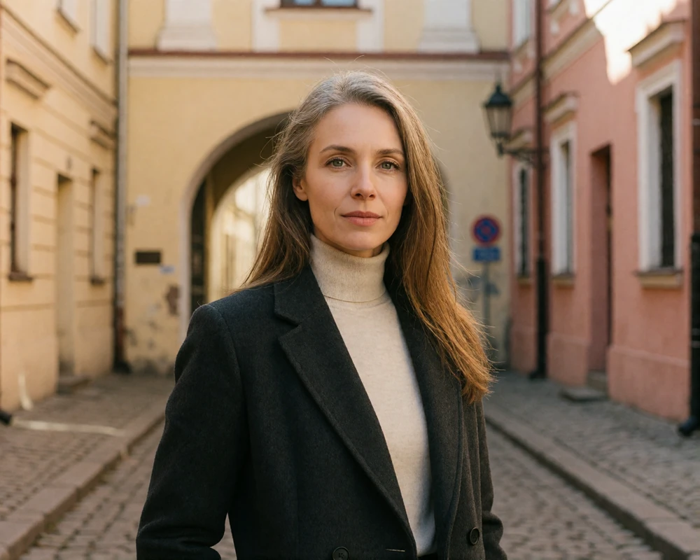 Elegant Lithuanian woman in a charcoal coat on a cobblestone street in Vilnius old town, representing verified Lithuanian dating members