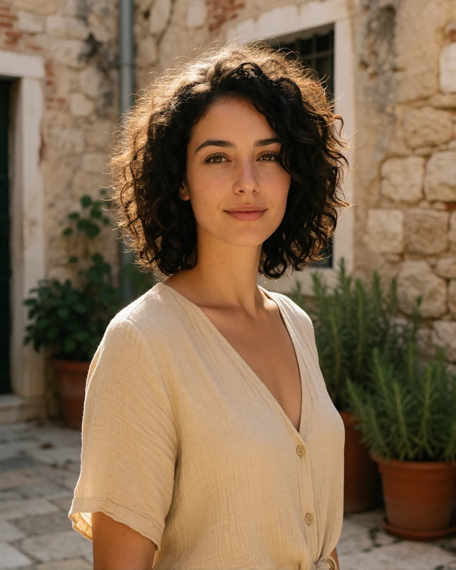Greek woman in a sand-colored blouse in a stone courtyard in Heraklion, Crete, representing verified island members